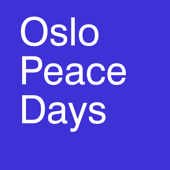 Logo med "Oslo Peace Days" i hvitt over rød og blå bakgrunn