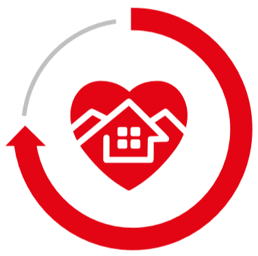 Illustrasjon av hus i et rødt hjerte med pil i sirkel rundt