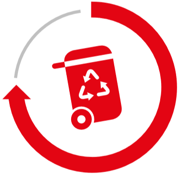 Illustrasjon av avfallskonteiner med resirkuleringssymbol på, pil i sirkel rundt