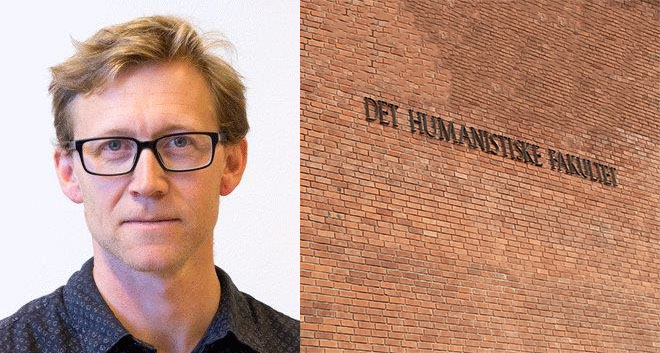 Colored portrait picture of Ulf A. S. Holbrook wearing a dark shirt and black glasses on the left, picture of the logo of Faculty of Humanities on a brick wall on the right.