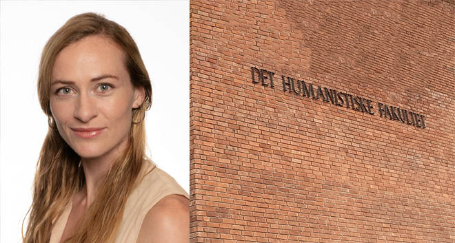 Portrait photo of Dana Swarbrick on the left side, picture of Faculty of Humanities sign on a brick wall in Norwegian on the right side.