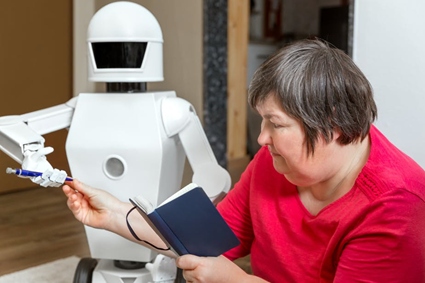 Robot giving pen to woman