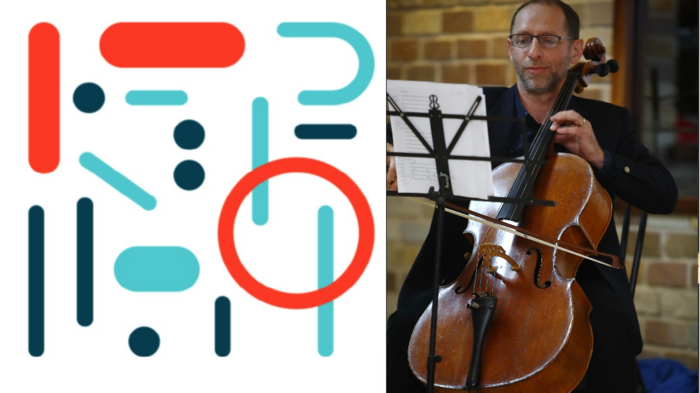 RITMO emblem alongside photo of Dr. Dor Abrahamson playing a cello