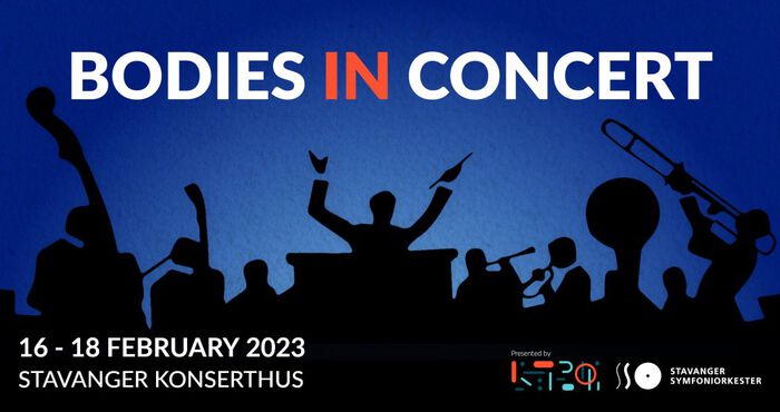 An orchestra is shown in silhouette with the words "Bodies in Concert, 16-18 February, Stavanger Konserthus" over top. RITMO and SSO logos are in the bottom right corner.