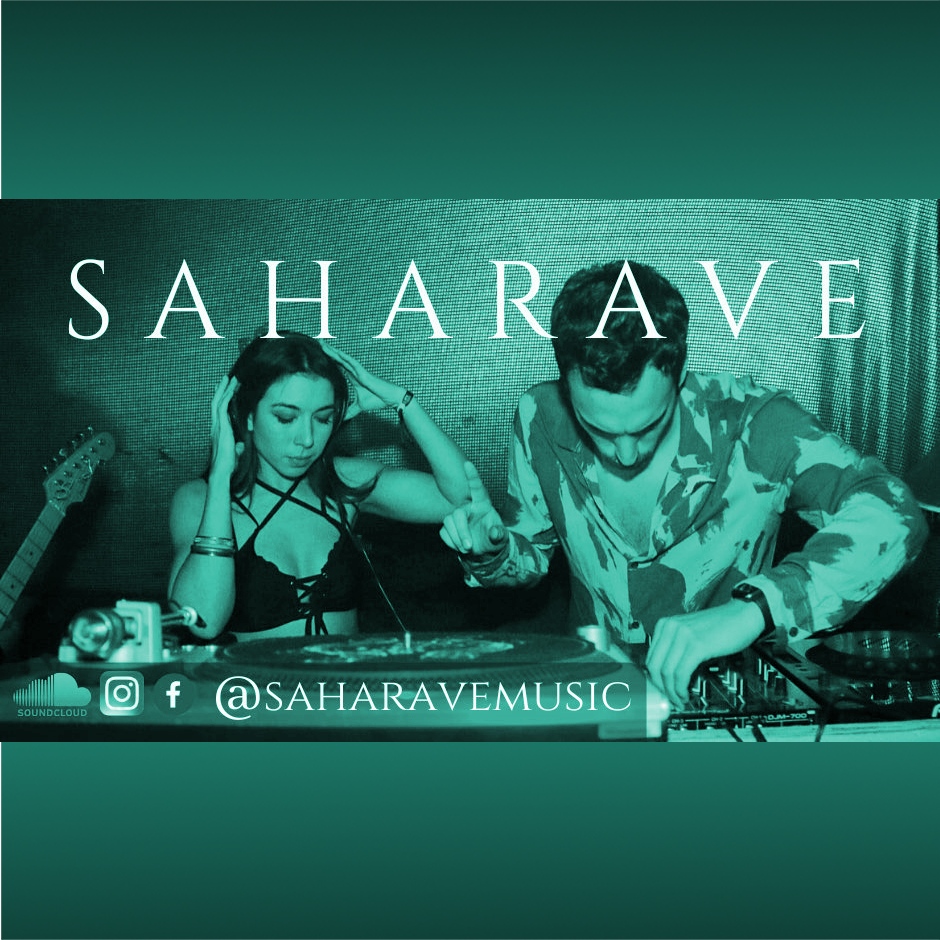 A man and a woman listening to music with the text "Saharave". Photo.