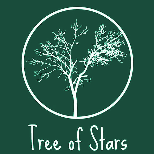 A white tree inside a circle on a grenn backgrund with the text "Tree of stars". Logo.