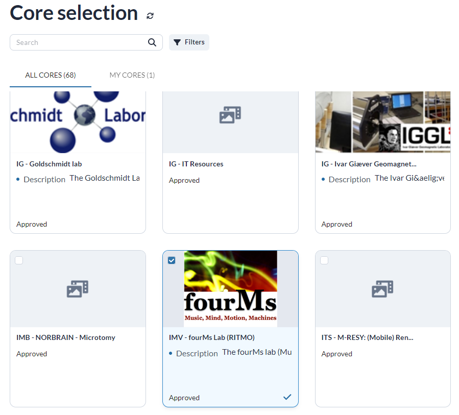 Screenshot of core selection page