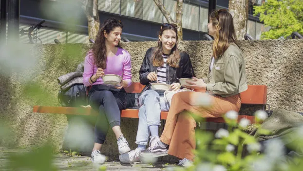Tre studenter sitter på en benk og spiser lunsj mens de prater sammen.
