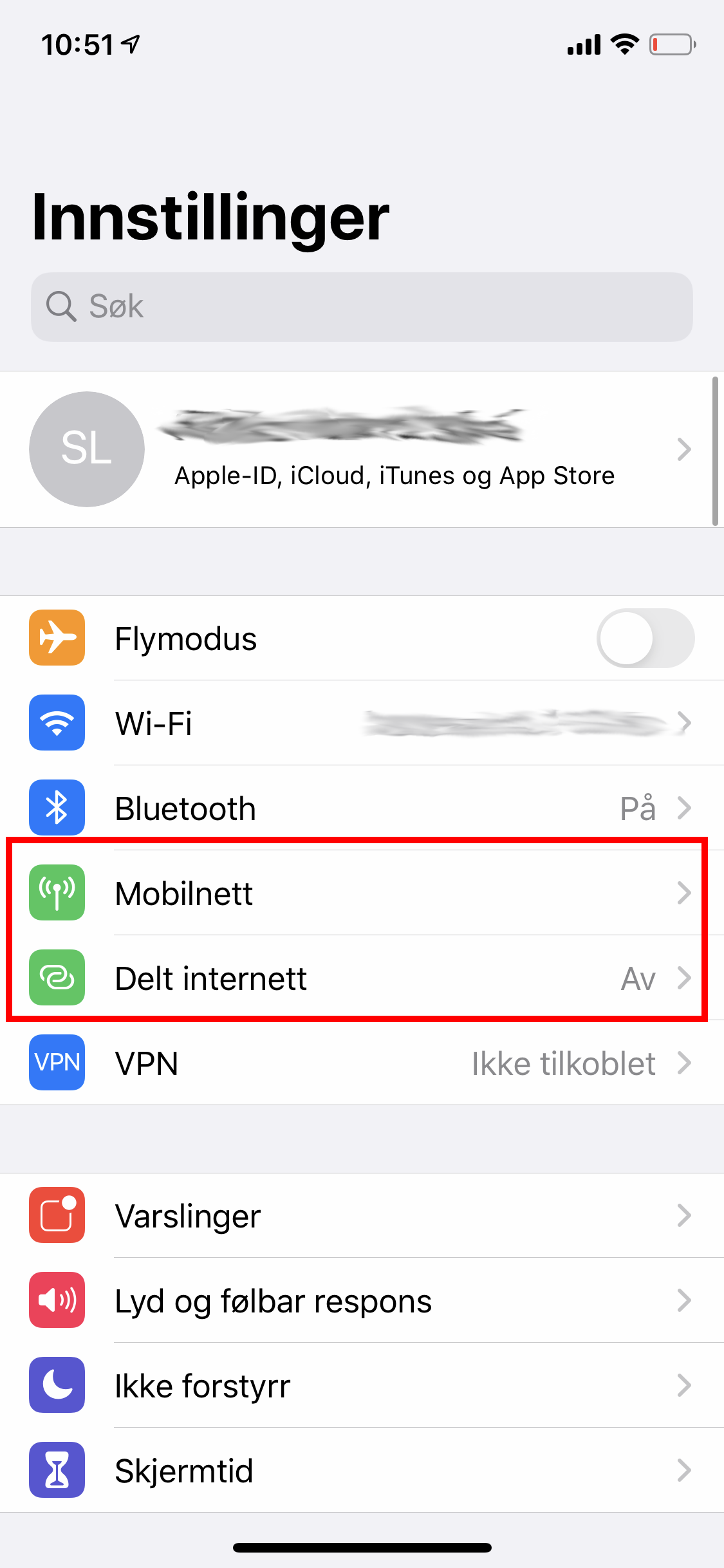 Skjermbilde av iOS-innstillinger for mobilnett og delt internett