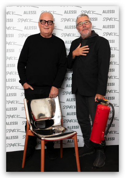 Alberto Alessi og PhilippeStarck i Paris, oktober 2022, under lanseringsfesten for Ars Metallica