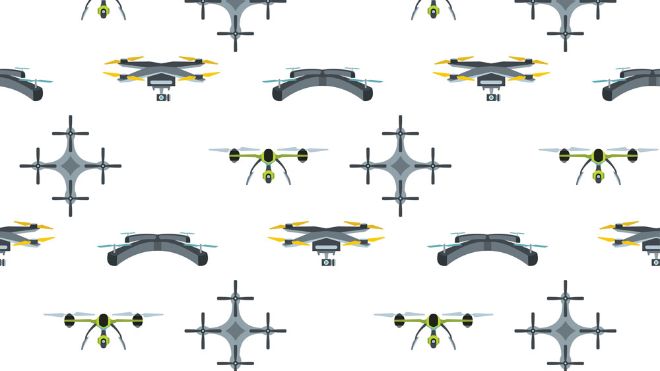 Stilisert illustrasjon av droner sett ovenfra og fra siden