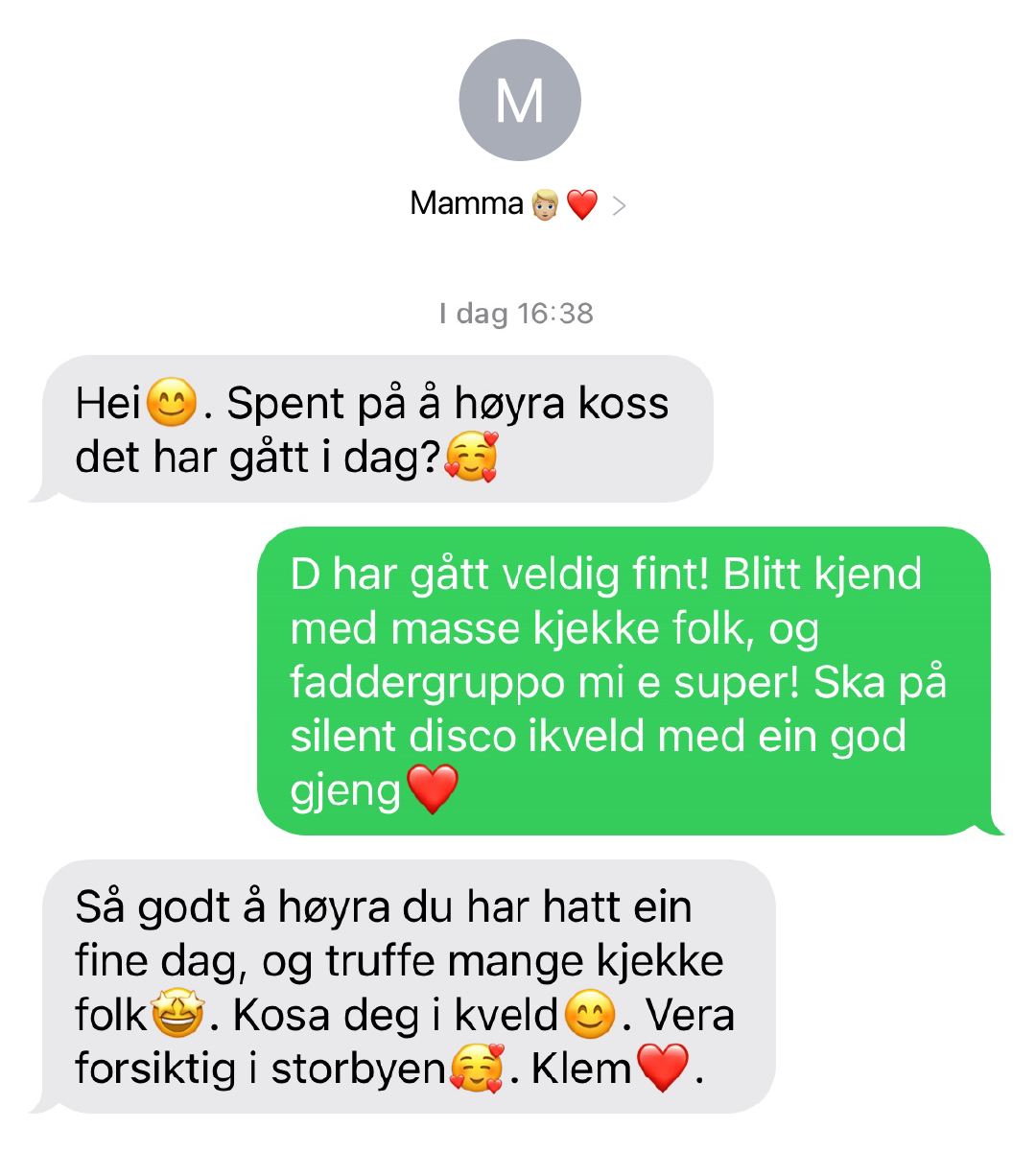 Screenshot av meldingssamtale mellom Nora og mamma