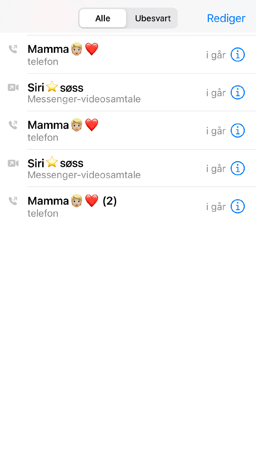 Screenshot av mange telefonsamtaler mellom Nora og mamma og nora og søsteren