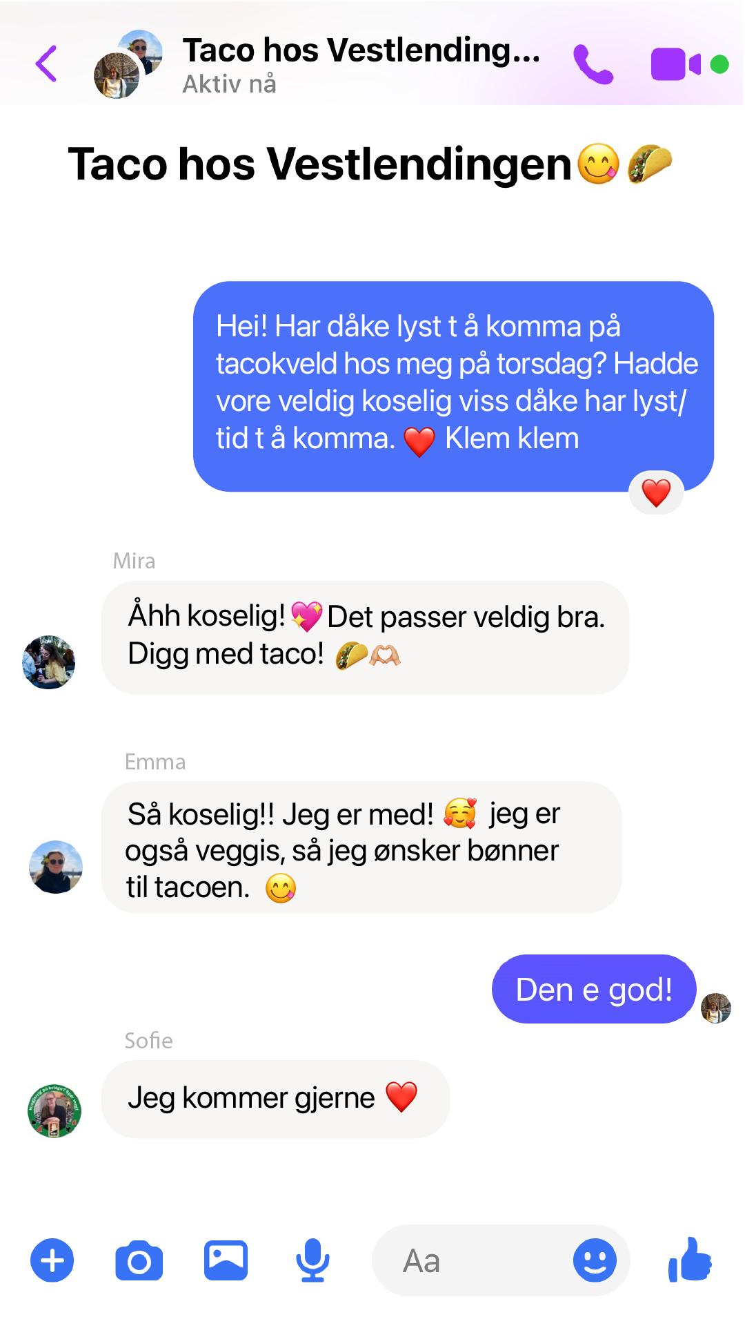 Screenshot av messenger-chat mellom Nora og venner fra studiet, hvor hun inviterer på tacomiddag på torsdag