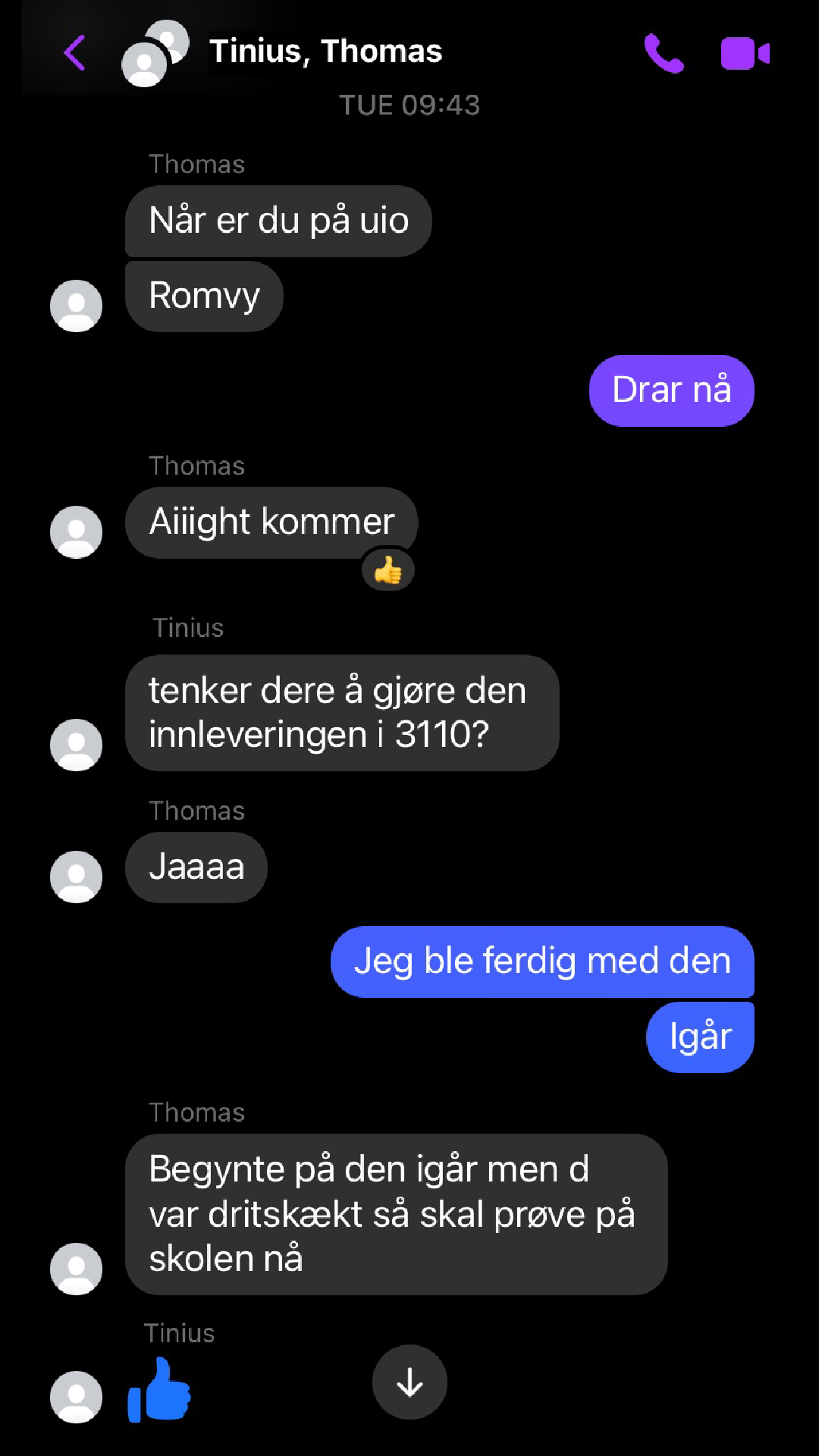 Screenshot av chat mellom Romvy og studiekompiser som snakker om hvem som har gjort obligatorisk oppgave