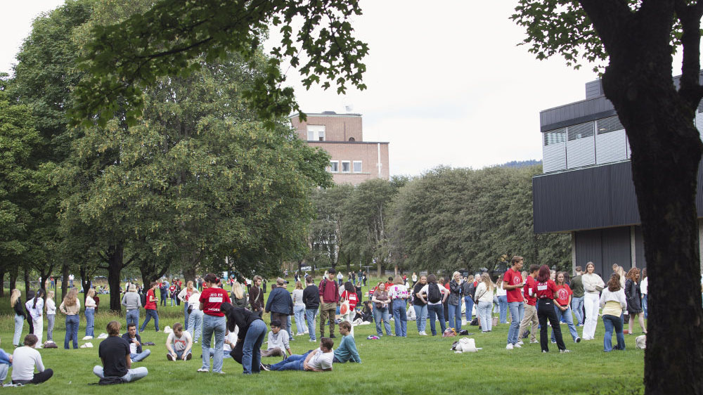 Studenter og faddere med røde t-skjorter som står ute. Foto 