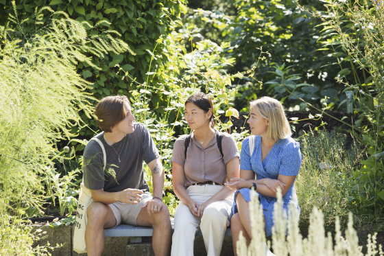 Tre studenter i samtale på en benk utendørs. 