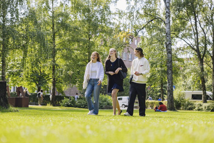 Tre kvinnelige studenter går på gressplen. 