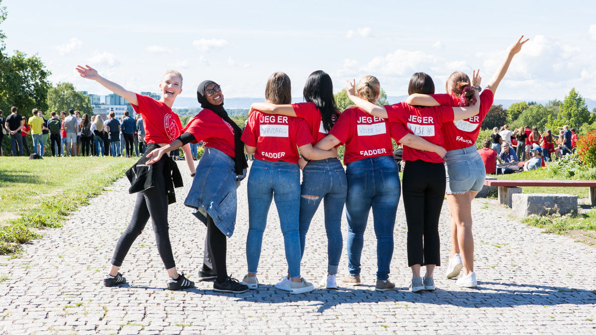 Faddere som ser utover Oslo på Fysikkbakken. To studenter ser i kamera. Foto