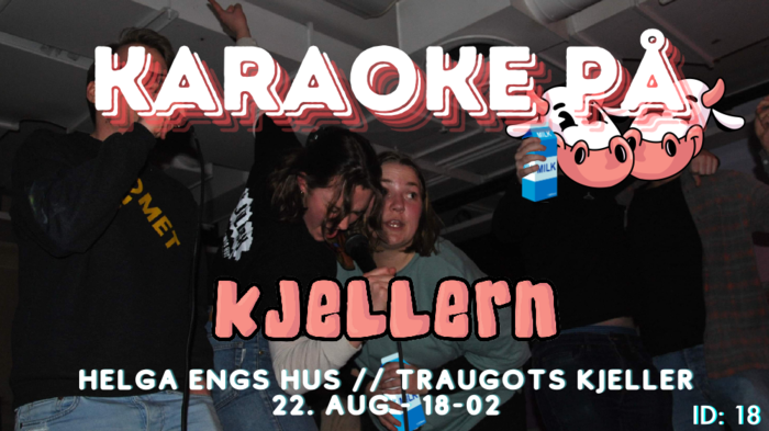 Studenter som synger på tidligere karaoke-arrangement på Kjellern, men informasjonstekst over
