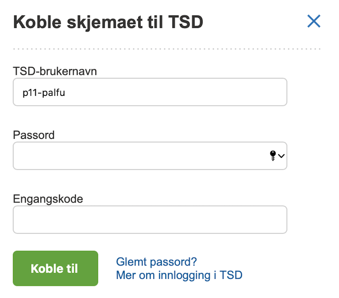 Bilde av boks der du oppgir brukeranvn og passord til TSD