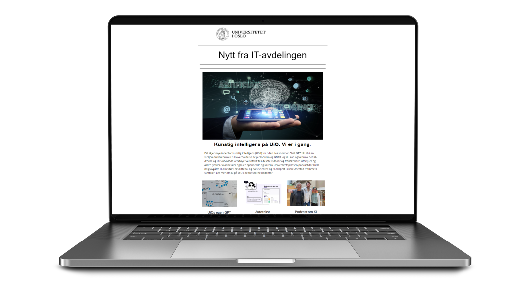 Bilde av bærbar PC med Nytt fra IT-avdelingen på skjermen