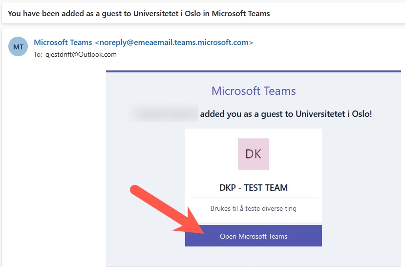 Screenshot of received email with the Open Microsoft Teams button