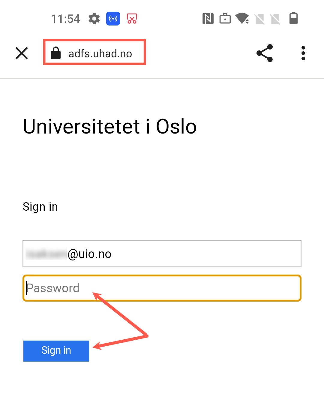 Skjermbilde: På UHAD-siden skriver du inn ditt UiO-passord