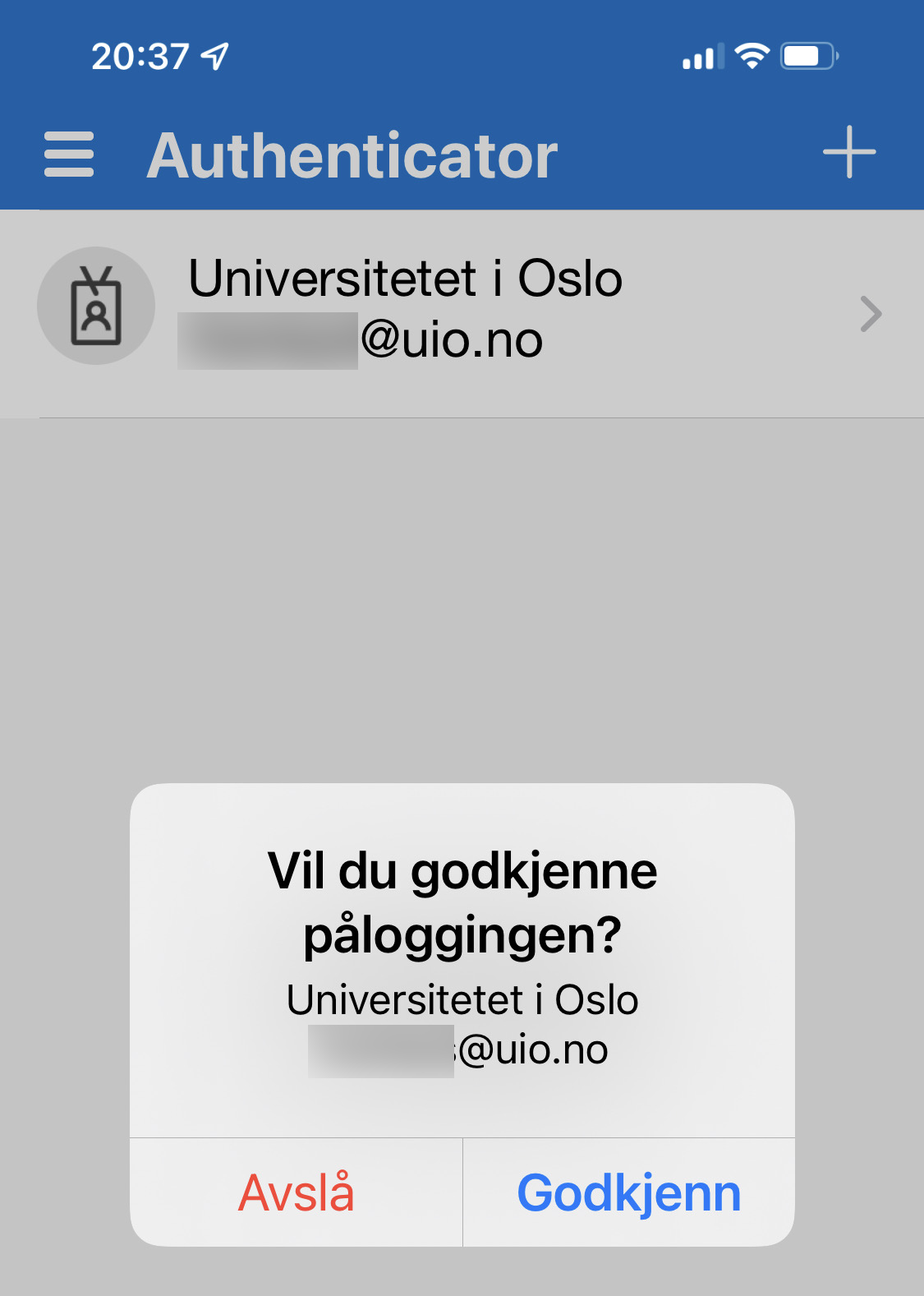 Skjermbilde av bekreftelsesvindu i Microsoft Authenticator