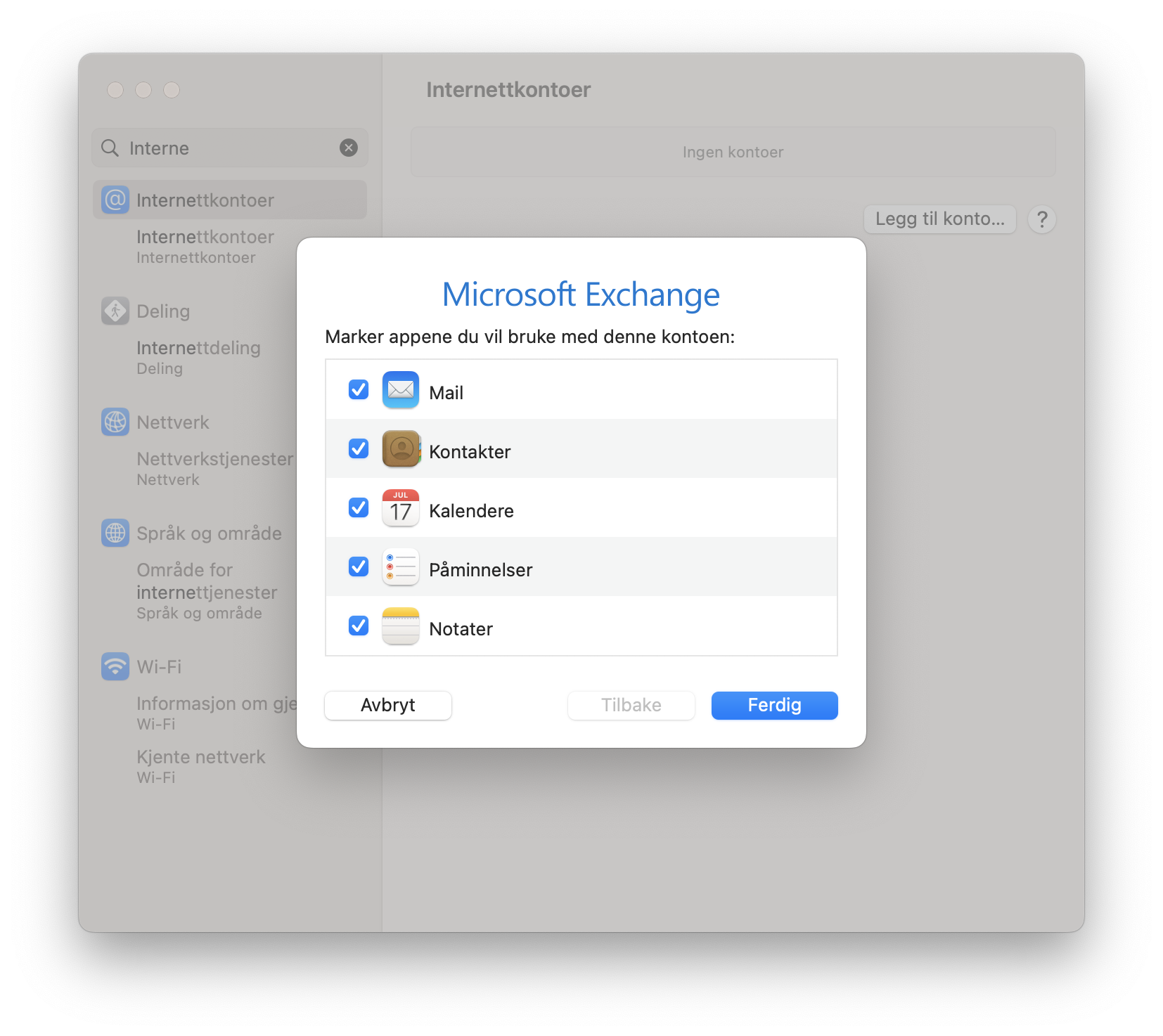 Vindu på mac med mulighet fr å huke av tjenester du vil bruke med Exchange