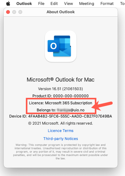 Skjermbilde av Om Outlook vinduet med MS365 lisens