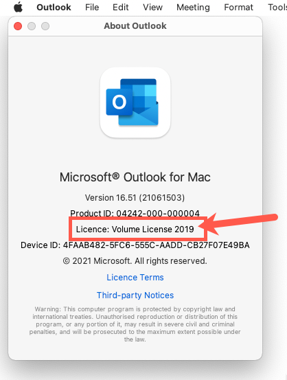 Skjermbilde av Om Outlook-vinduet med volumlisens