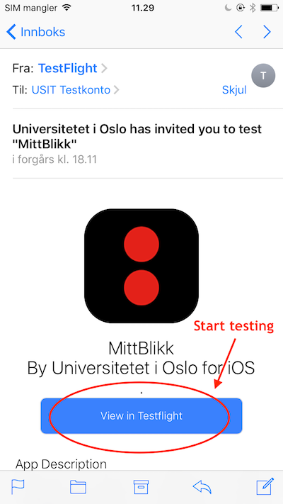 Bilde av invitasjon på e-post fra TestFlight