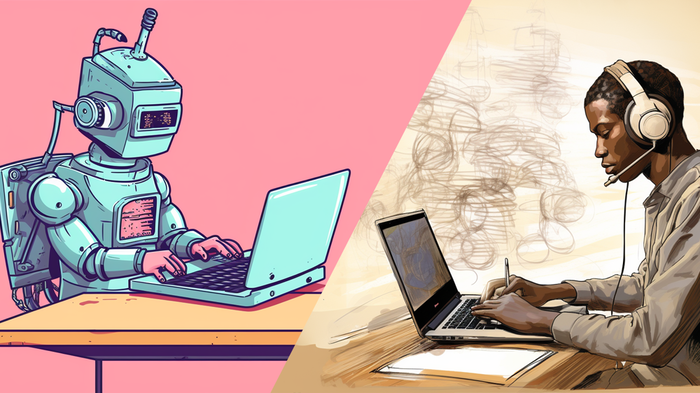 Tegning av en robot som skriver på laptop og et menneske med hodetelefoner som skriver på laptop