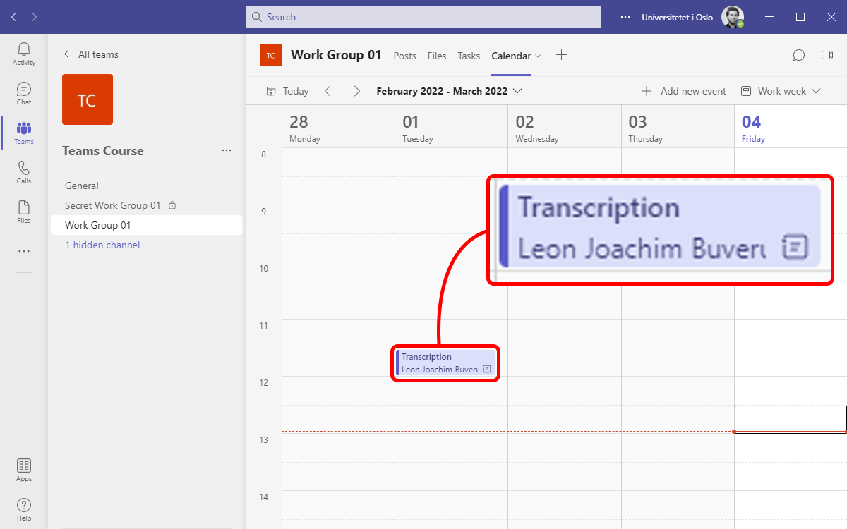I en felleskalender i Microsoft Teams er det satt opp et eksempelmøte