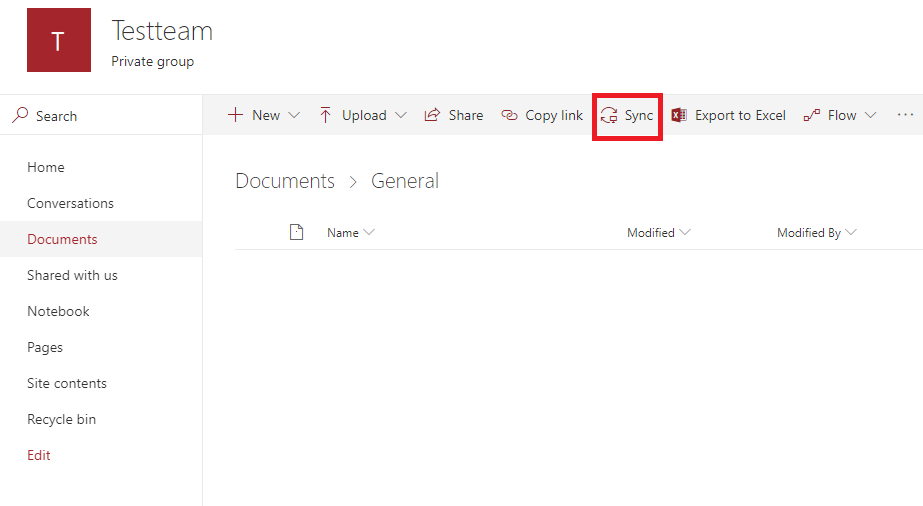 Screenshot of Sharepoint with Sync button