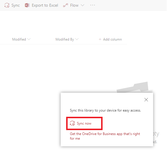 Screenshot of Sharepoint with dialog box sync now
