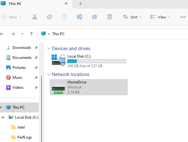 Screenshot showing the shortcuts under This PC, Network Locations