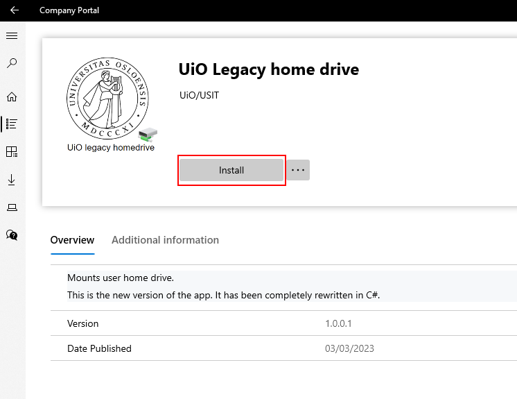 Company Portal shows UiO legacy homedrive app