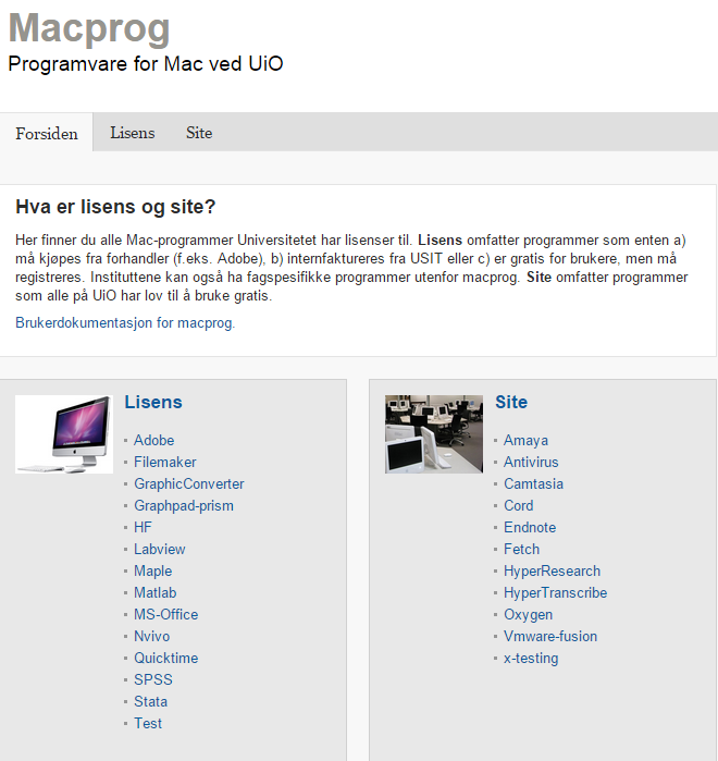 Hovedside for programvaretjenesten Macprog
