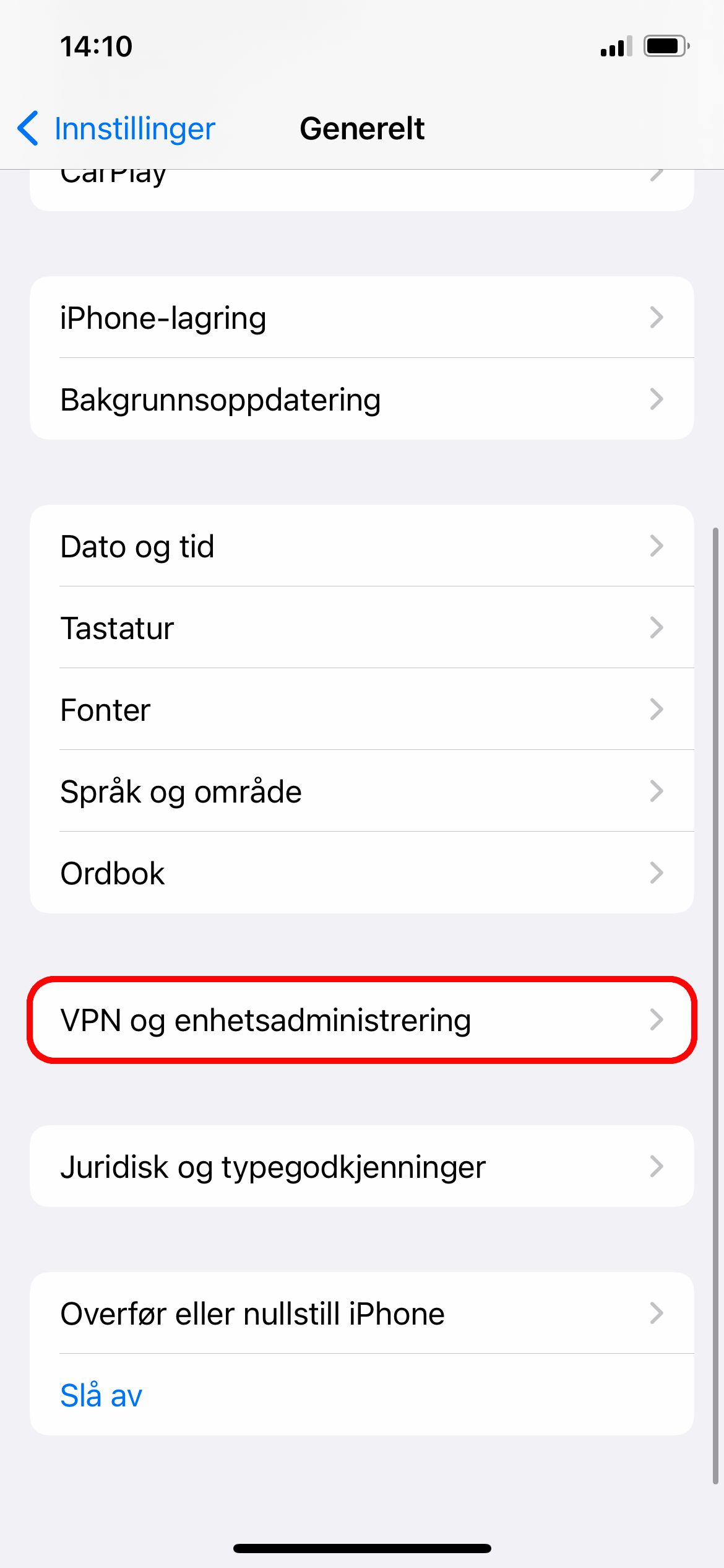 Valget "VPN og enhetsadministrering" markert