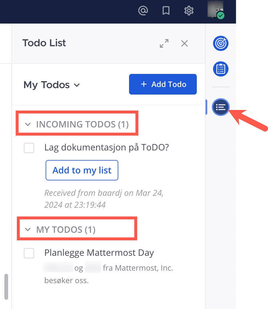 Skjermbilde av Todo-pluginen, hvor oppgaveliste vises og hvor du kan legge til oppgaver