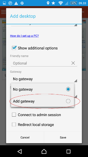 Velg show additional options og klikk på add gateway.