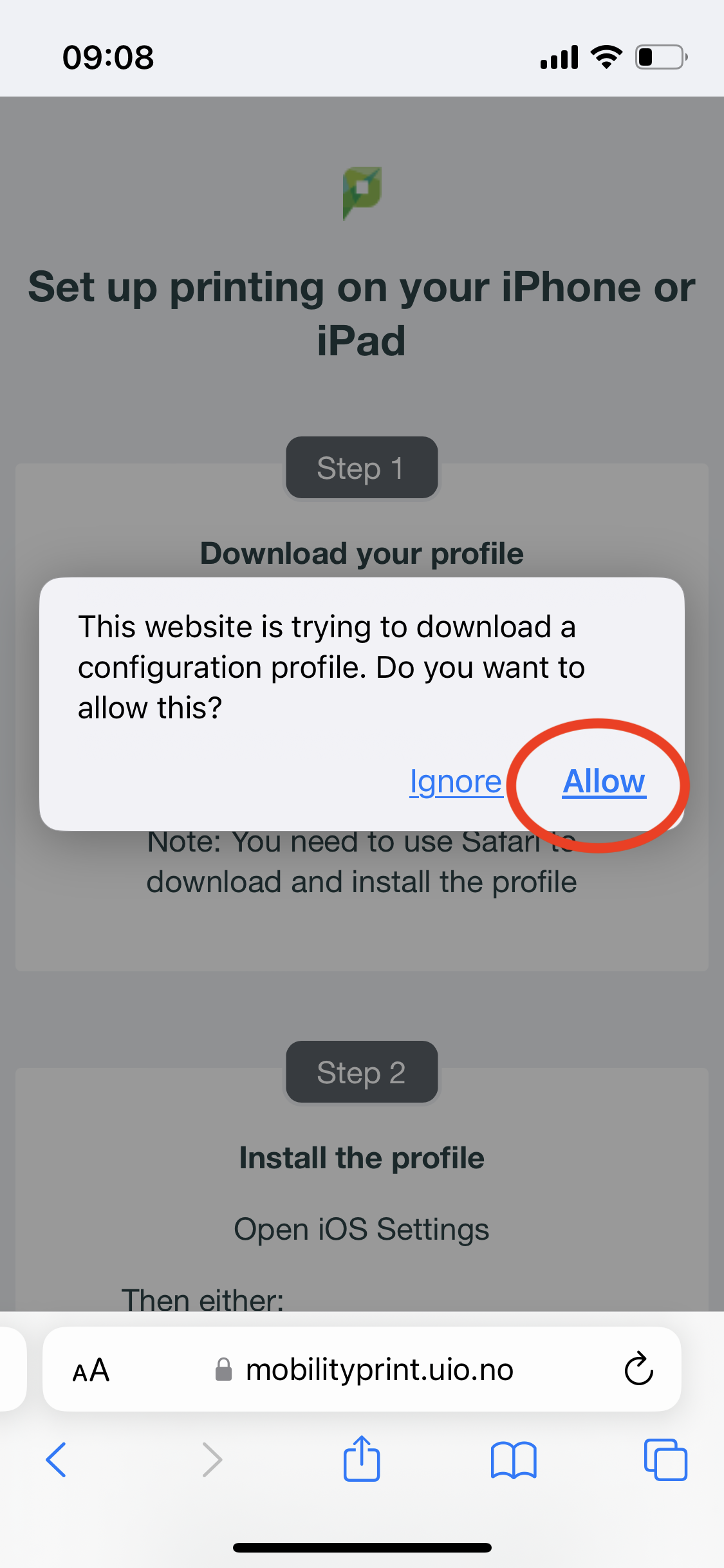 iOS PaperCut install profile 1