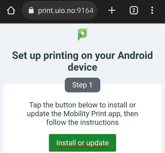 Velg "Install or update" for sette opp utskrift for Androidenheter