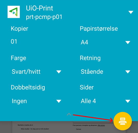 Utskriftsvalg, på "UiO-Print" kan du velge farge, en eller dobbeltsidig, papirstørrelse og -retning og hvilke sider som skal skrives ut. Gul knapp nederst til høyre for å skrive ut.