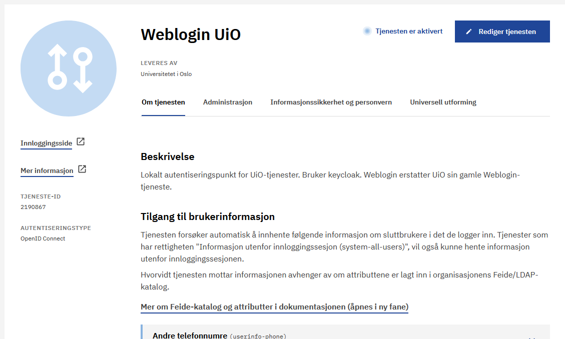Skjermbilde som viser den nye Weblogin-tjenesten for UiO i Feide kundeportal
