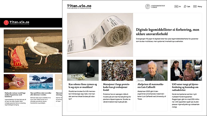 Collage av forsiden til titan.uio.no før og etter overgang til Vortex og nytt design.