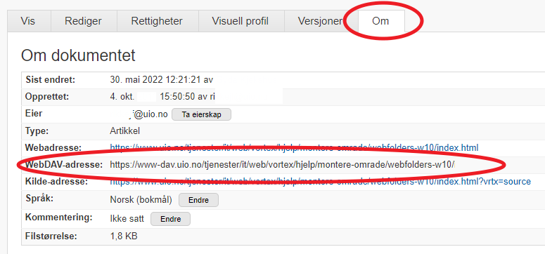 bilde som viser hvor du finner webDav-adressen til en mappe eller et dokuement